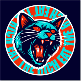Eat The Rich Angry Cat in Turquoise and Orange Posters and Art