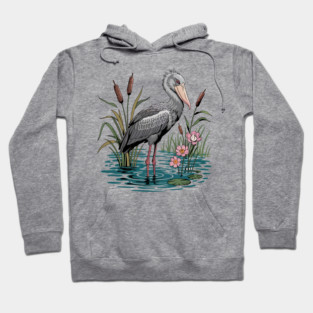 Shoebill Stork Among Wetland Flowers Hoodie