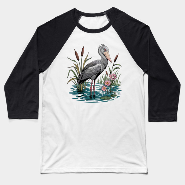 Shoebill Stork Among Wetland Flowers Baseball T-Shirt by BirdsnStuff