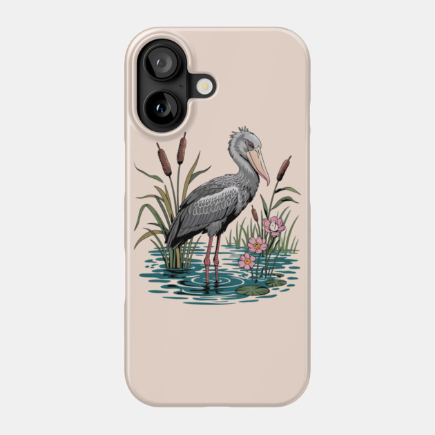 Shoebill Stork Among Wetland Flowers Phone Case by BirdsnStuff