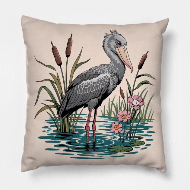 Shoebill Stork Among Wetland Flowers Pillow by BirdsnStuff