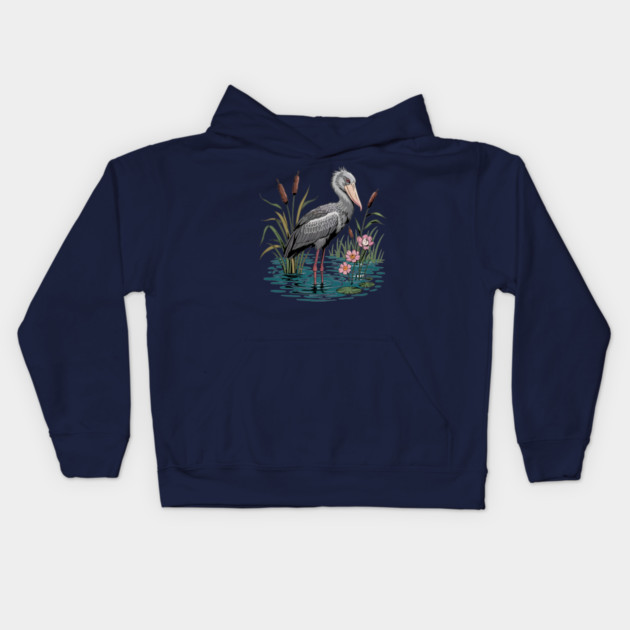 Shoebill Stork Among Wetland Flowers Kids Hoodie by BirdsnStuff