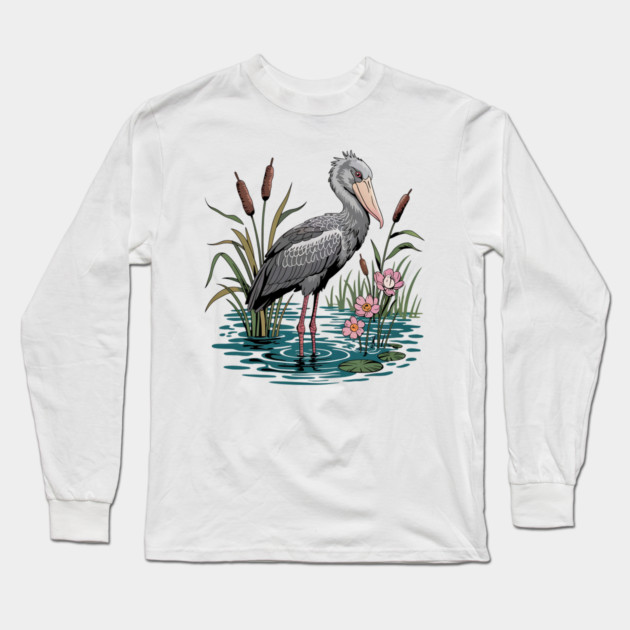 Shoebill Stork Among Wetland Flowers Long Sleeve T-Shirt by BirdsnStuff