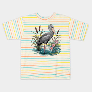 Shoebill Stork Among Wetland Flowers Kids T-Shirt