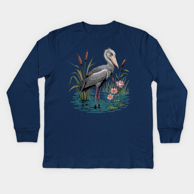 Shoebill Stork Among Wetland Flowers Kids Long Sleeve T-Shirt by BirdsnStuff