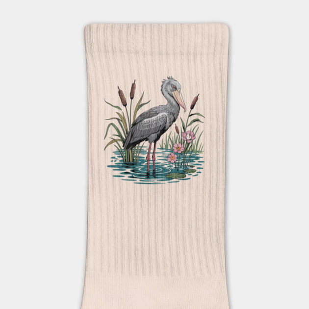 Shoebill Stork Among Wetland Flowers by BirdsnStuff