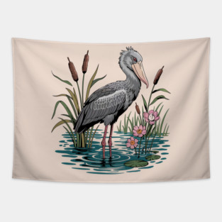 Shoebill Stork Among Wetland Flowers Tapestry