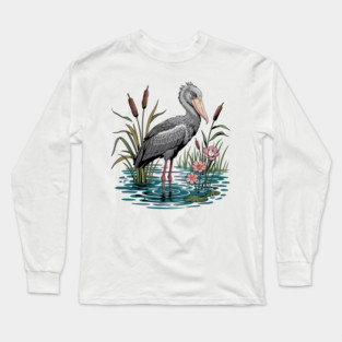 Shoebill Stork Among Wetland Flowers Long Sleeve T-Shirt
