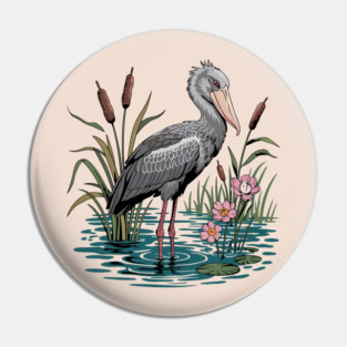 Shoebill Stork Among Wetland Flowers Pin