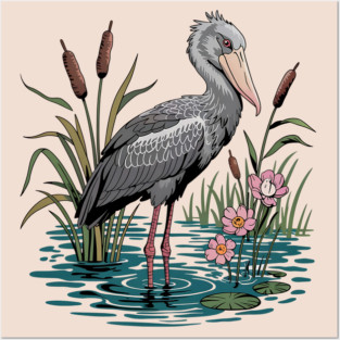 Shoebill Stork Among Wetland Flowers Posters and Art