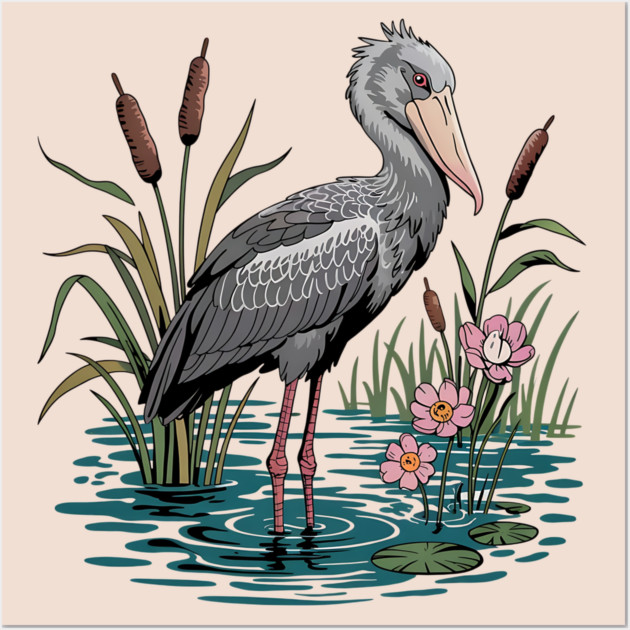 Shoebill Stork Among Wetland Flowers Wall Art by BirdsnStuff