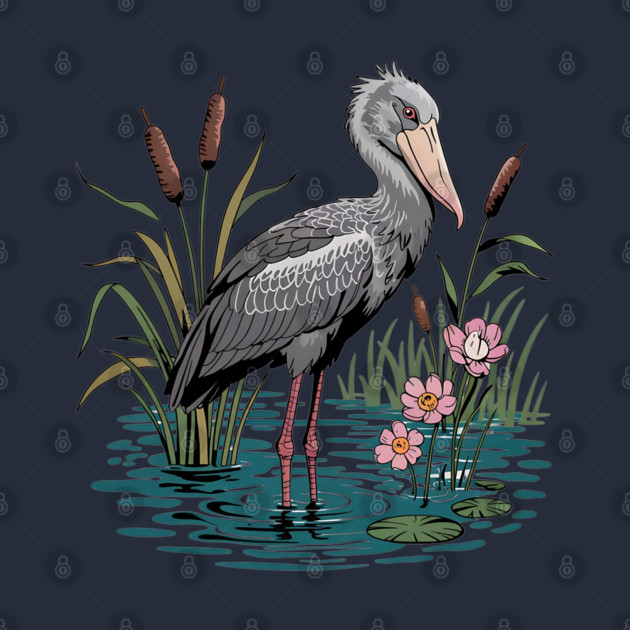 Shoebill Stork Among Wetland Flowers by BirdsnStuff