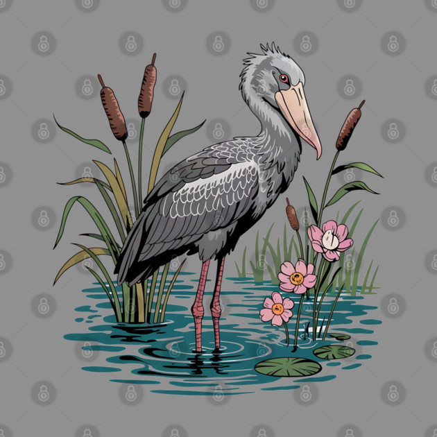 Shoebill Stork Among Wetland Flowers by BirdsnStuff