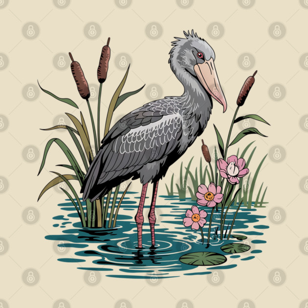 Shoebill Stork Among Wetland Flowers by BirdsnStuff