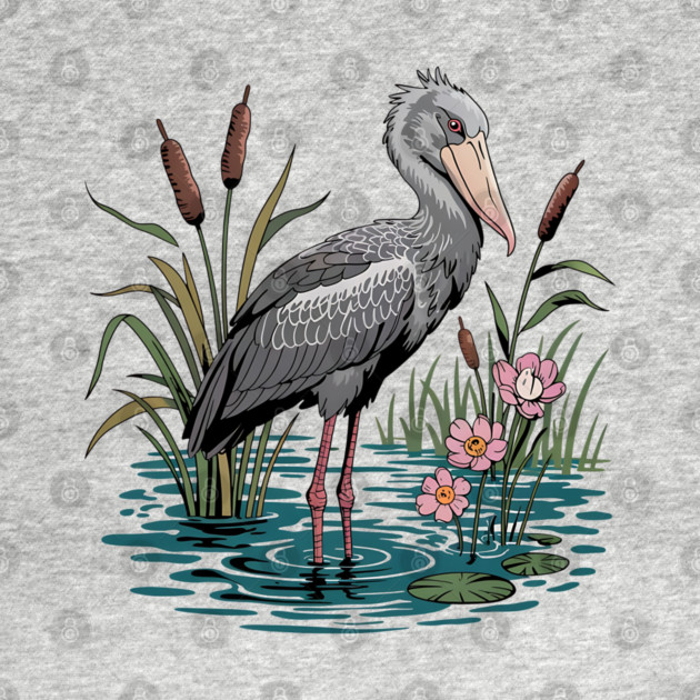Shoebill Stork Among Wetland Flowers by BirdsnStuff