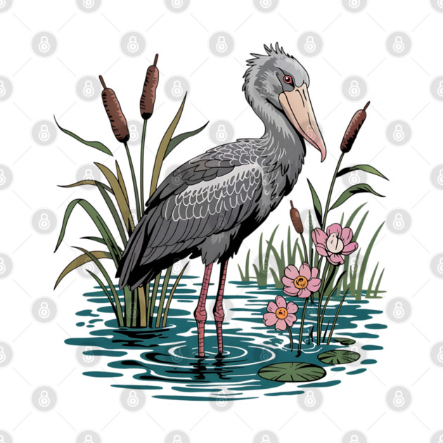 Shoebill Stork Among Wetland Flowers by BirdsnStuff