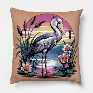 Majestic Shoebill Stork at Sunset for Birdwatchers Pillow