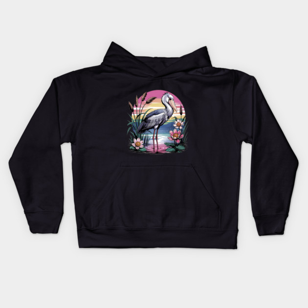 Majestic Shoebill Stork at Sunset for Birdwatchers Kids Hoodie by BirdsnStuff
