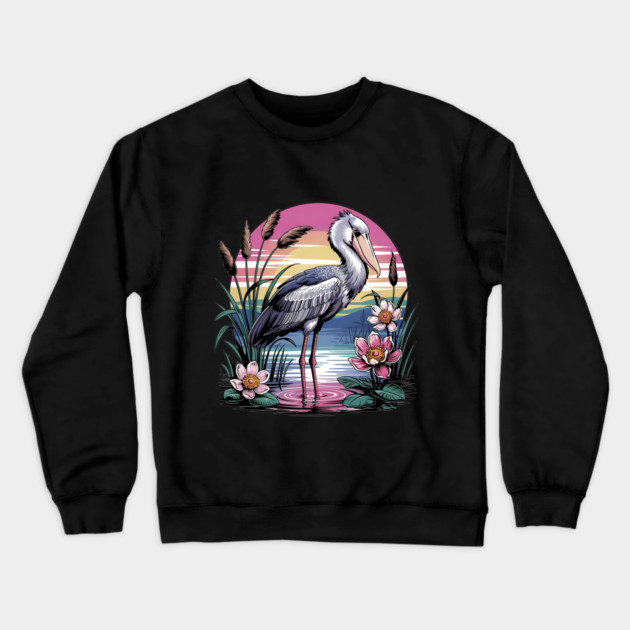 Majestic Shoebill Stork at Sunset for Birdwatchers Crewneck Sweatshirt by BirdsnStuff