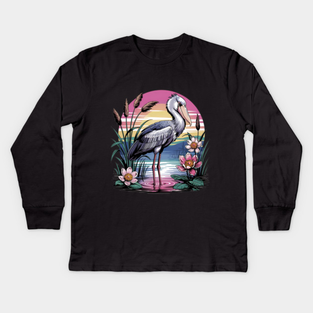 Majestic Shoebill Stork at Sunset for Birdwatchers Kids Long Sleeve T-Shirt by BirdsnStuff
