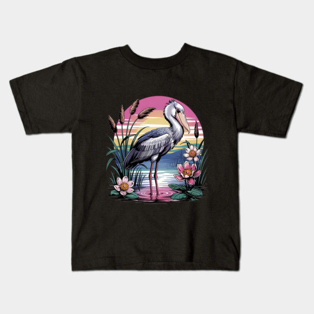 Majestic Shoebill Stork at Sunset for Birdwatchers Kids T-Shirt by BirdsnStuff