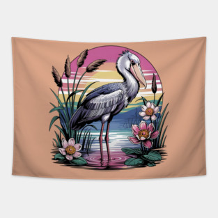 Majestic Shoebill Stork at Sunset for Birdwatchers Tapestry