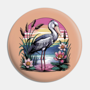 Majestic Shoebill Stork at Sunset for Birdwatchers Pin