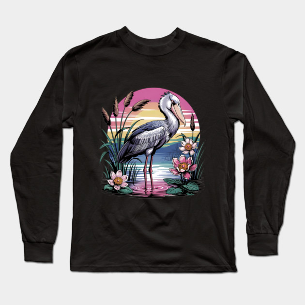 Majestic Shoebill Stork at Sunset for Birdwatchers Long Sleeve T-Shirt by BirdsnStuff