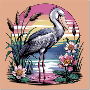 Majestic Shoebill Stork at Sunset for Birdwatchers Posters and Art