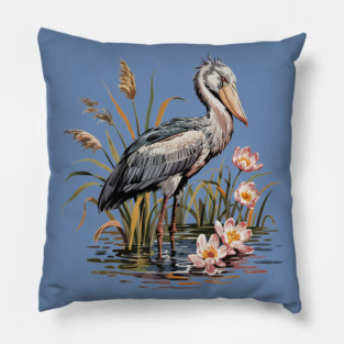 Vintage Shoebill Stork and Water Lily Design Pillow