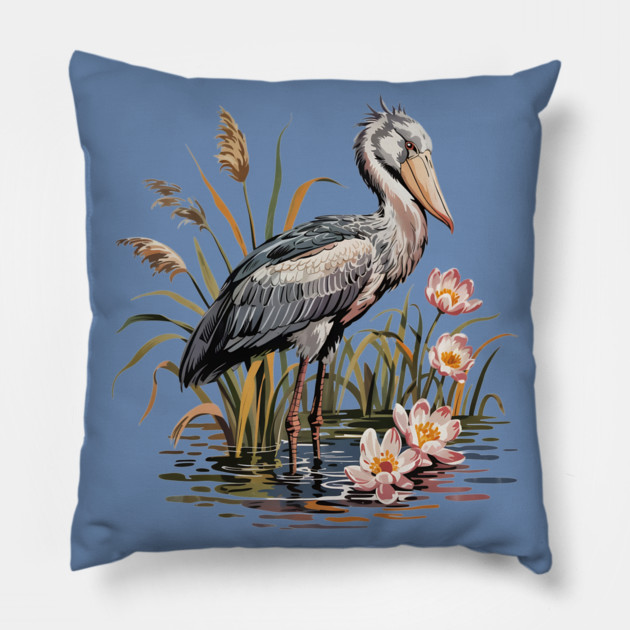 Vintage Shoebill Stork and Water Lily Design Pillow by BirdsnStuff
