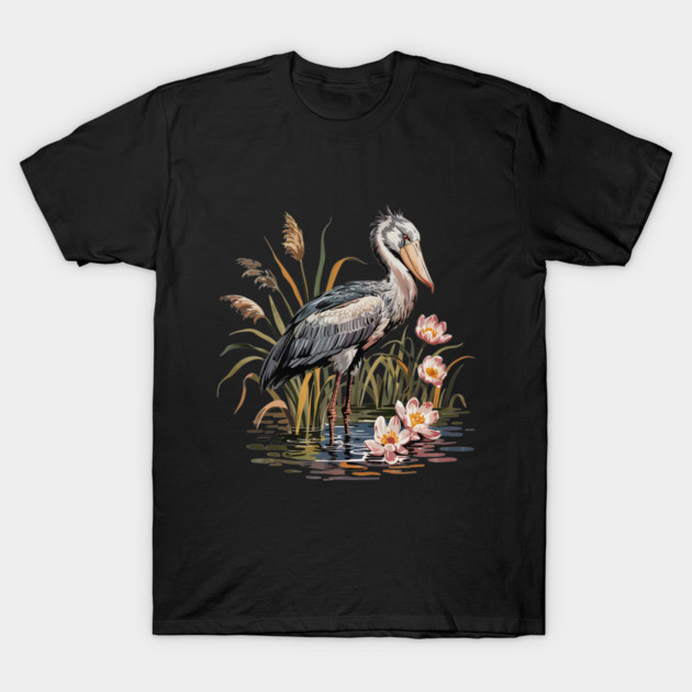 Vintage Shoebill Stork and Water Lily Design T-Shirt by BirdsnStuff