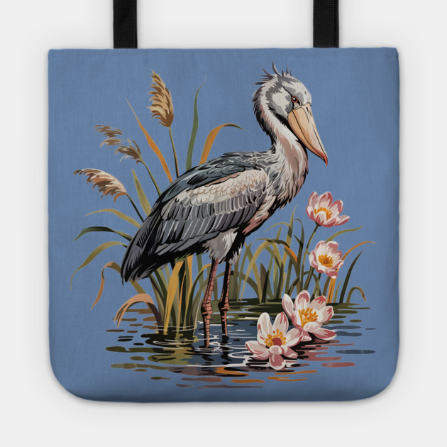 Vintage Shoebill Stork and Water Lily Design Tote by BirdsnStuff