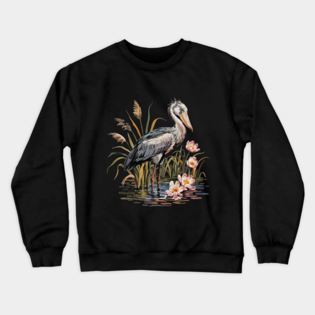 Vintage Shoebill Stork and Water Lily Design Crewneck Sweatshirt by BirdsnStuff