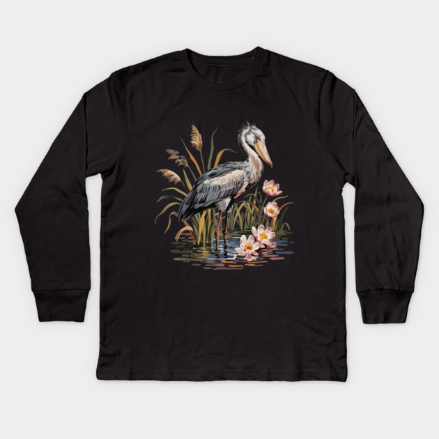 Vintage Shoebill Stork and Water Lily Design Kids Long Sleeve T-Shirt by BirdsnStuff