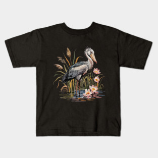 Vintage Shoebill Stork and Water Lily Design Kids T-Shirt