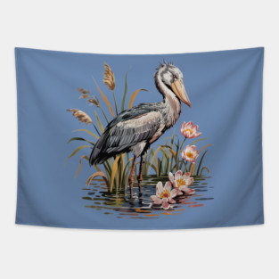 Vintage Shoebill Stork and Water Lily Design Tapestry