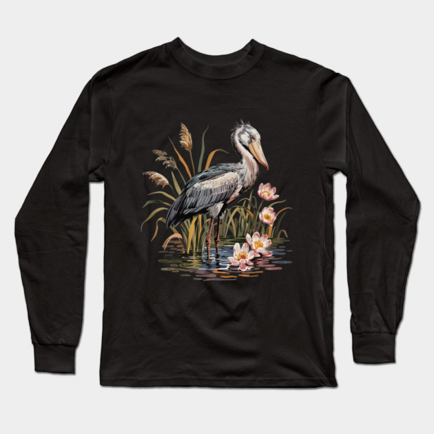 Vintage Shoebill Stork and Water Lily Design Long Sleeve T-Shirt by BirdsnStuff