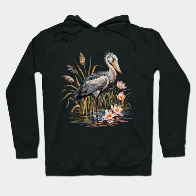 Vintage Shoebill Stork and Water Lily Design Hoodie by BirdsnStuff