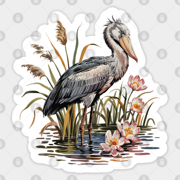 Vintage Shoebill Stork and Water Lily Design Sticker by BirdsnStuff
