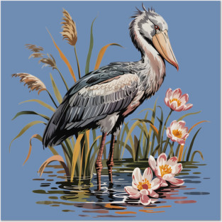 Vintage Shoebill Stork and Water Lily Design Posters and Art