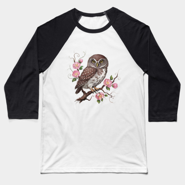 Whimsical Pygmy Owl with Blossoms Vintage Style Baseball T-Shirt by BirdsnStuff