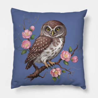 Whimsical Pygmy Owl with Blossoms Vintage Style Pillow