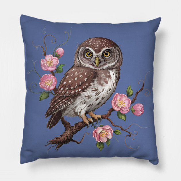 Whimsical Pygmy Owl with Blossoms Vintage Style Pillow by BirdsnStuff