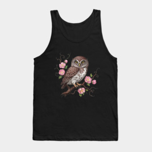 Whimsical Pygmy Owl with Blossoms Vintage Style Tank Top