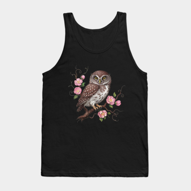 Whimsical Pygmy Owl with Blossoms Vintage Style Tank Top by BirdsnStuff