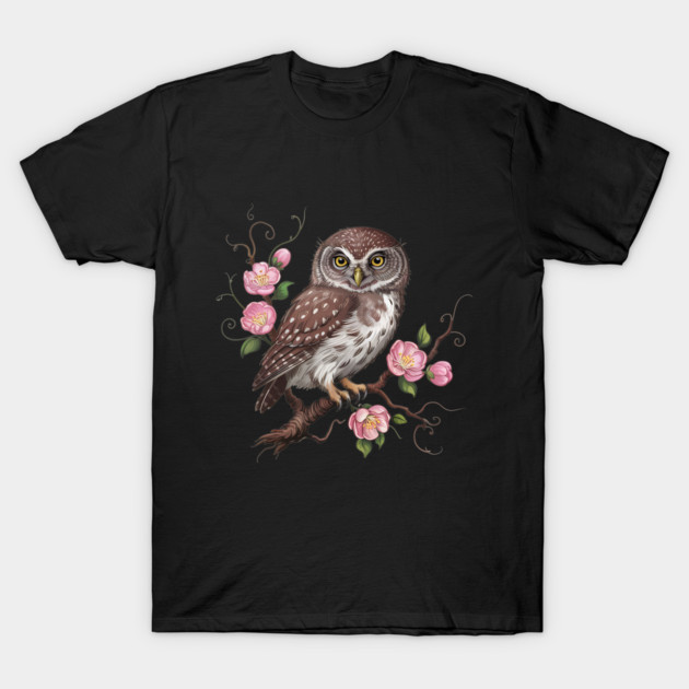 Whimsical Pygmy Owl with Blossoms Vintage Style T-Shirt by BirdsnStuff