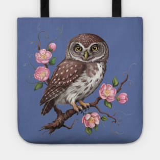 Whimsical Pygmy Owl with Blossoms Vintage Style Tote