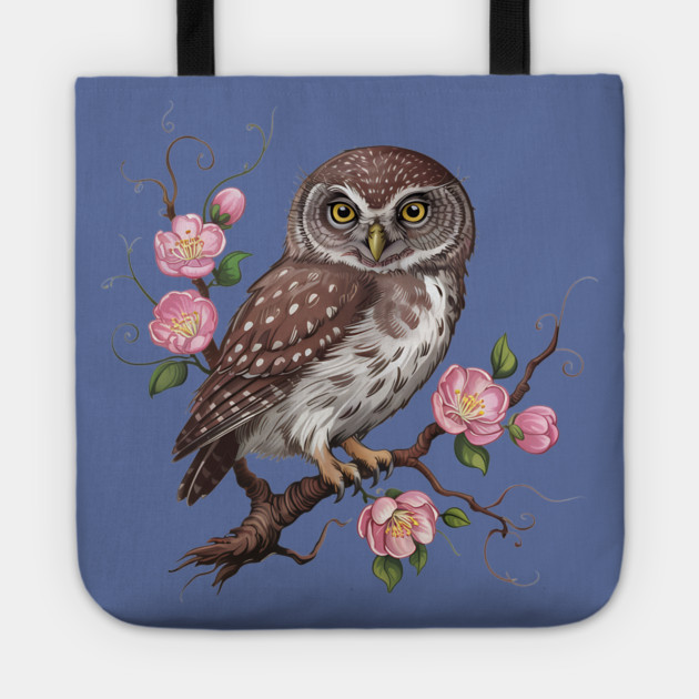 Whimsical Pygmy Owl with Blossoms Vintage Style Tote by BirdsnStuff
