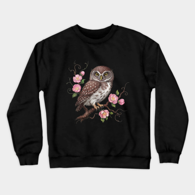 Whimsical Pygmy Owl with Blossoms Vintage Style Crewneck Sweatshirt by BirdsnStuff